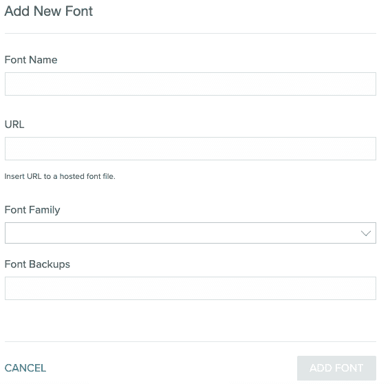 Add new font modal with none of the fields filled.